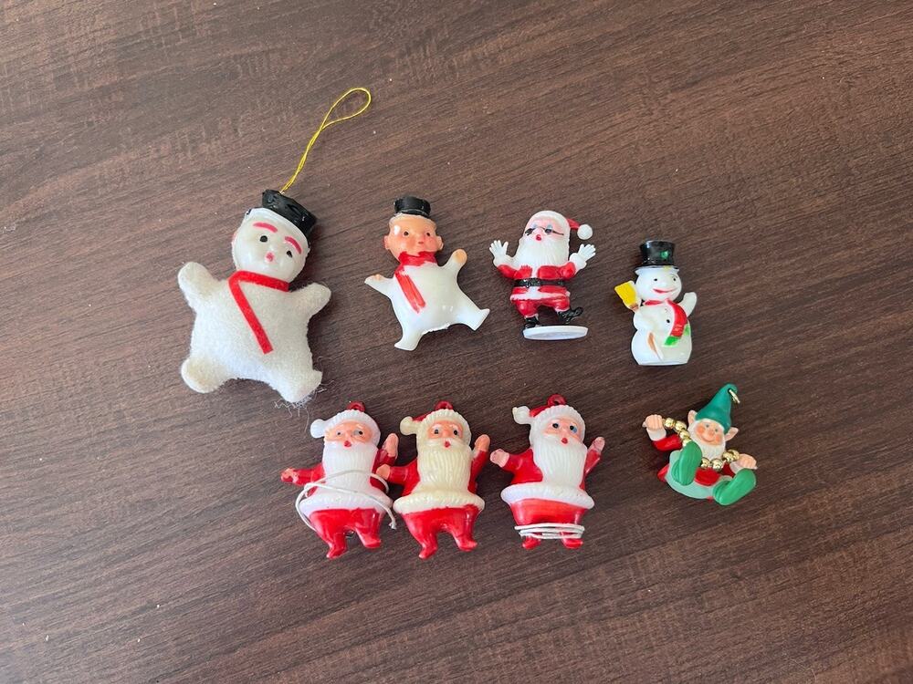 Set of 8 Vintage Mini Plastic Santa Claus Christmas Elf Snowman For Wreath Craft